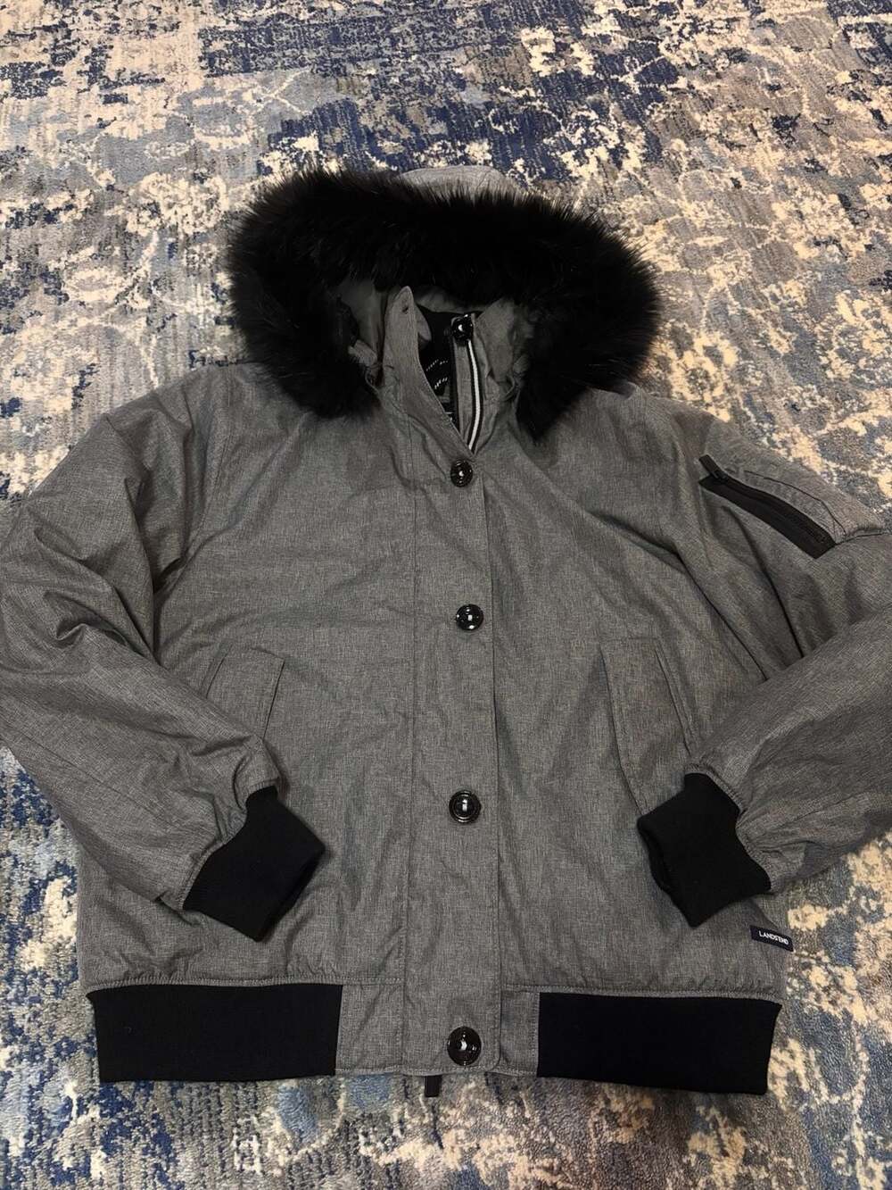 Lands End Bomber Jacket Size M 10-12 Gray Faux Fur